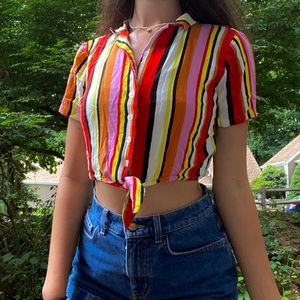 Rainbow striped cropped button up